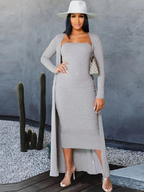 Two Piece Strapless Tube Dresses & Cardigan Crew Neck V-Neck Turtle Neck