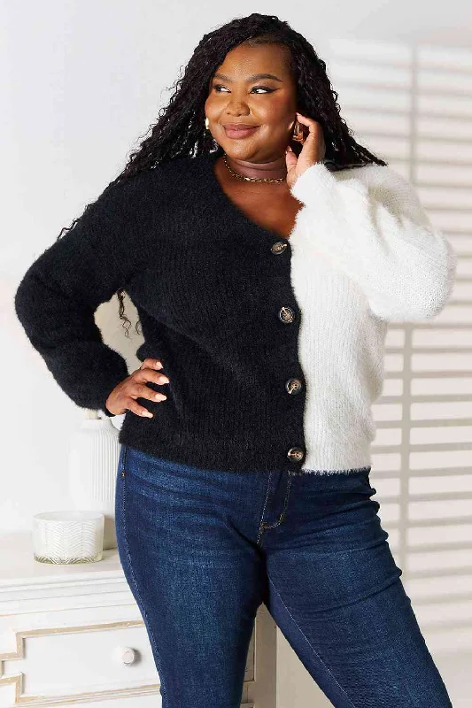 Contrast Button-Front V-Neck Cardigan Collared Crew Neck Turtle Neck