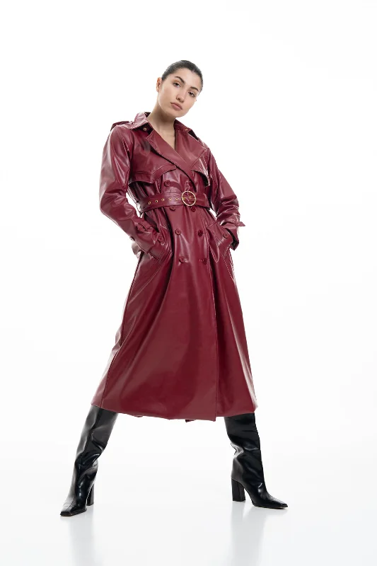 CHERRY RED FAUX LEATHER TRENCH COAT Cotton Linen Terry