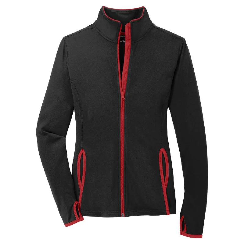 Sport-Tek Women's Black/True Red Sport-Wick Stretch Contrast Full-Zip Jacket Front Pockets Side Pockets Patch Pockets Sport-Tek Women's Black/True Red Sport-Wick Stretch Contrast Full-Zip Jacket Front Pockets Side Pockets Patch Pockets