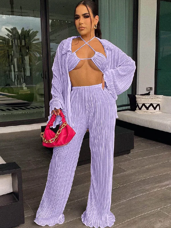 Three Piece Long Sleeve Cardigan & Wide Leg Pants Suit Terry Terry Cloth Terry Knit