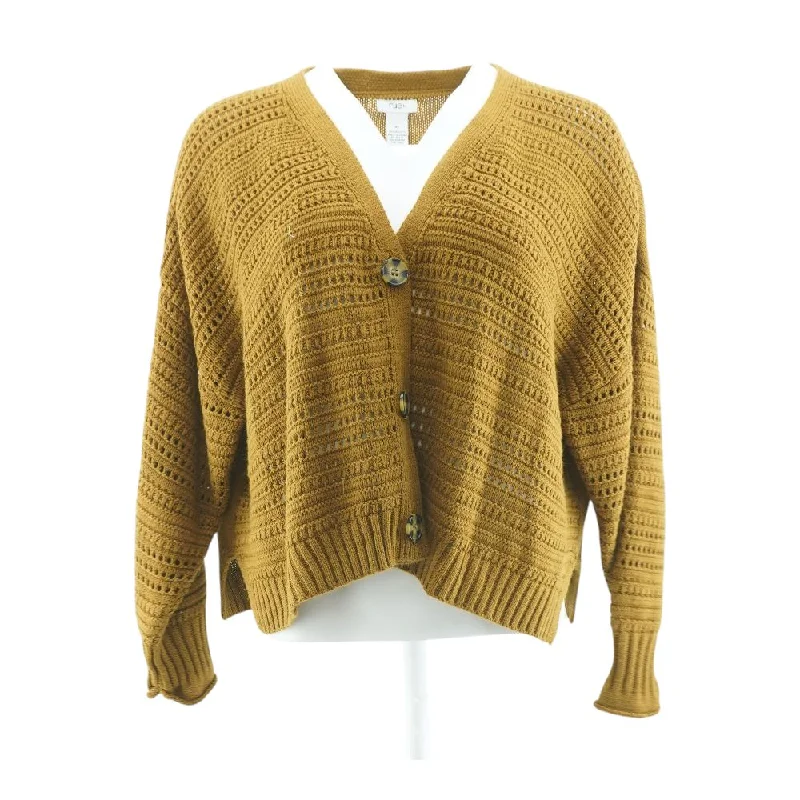 Mustard Solid Cardigan Sweater Cable Knit Ribbed Knit Lace Knit