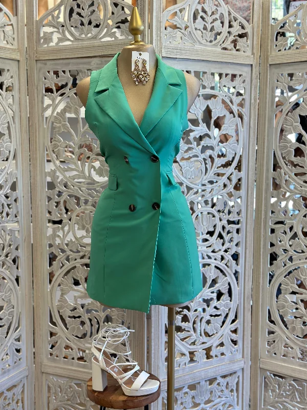 Hunter Green Sleeveless Coat Dress Satin Silk Chiffon