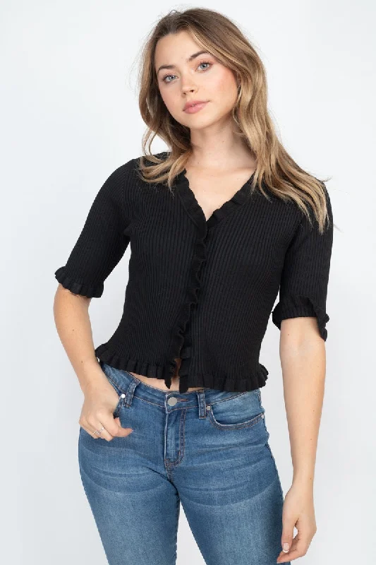 Button Down Flounce Hem Mini Cardigan Solid Color Striped Floral Print