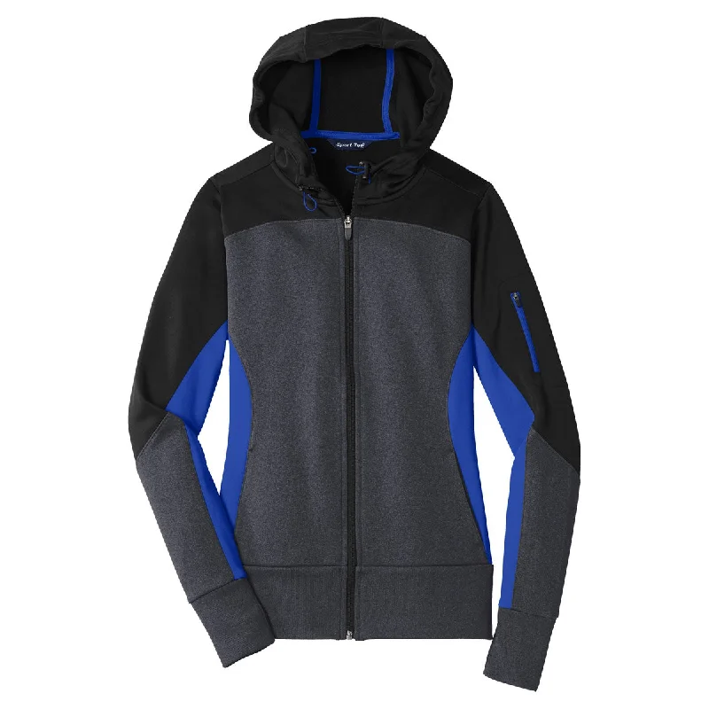 Sport-Tek Women's Black/Graphite Heather/True Royal Tech Fleece Colorblock Full-Zip Hooded Jacket Toggled Jacket Drawstring Jacket Belted Jacket Sport-Tek Women's Black/Graphite Heather/True Royal Tech Fleece Colorblock Full-Zip Hooded Jacket Toggled Jacket Drawstring Jacket Belted Jacket