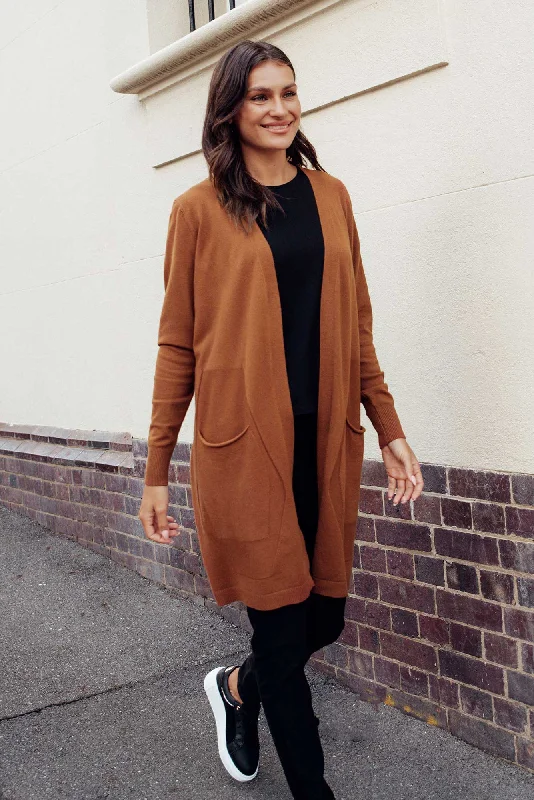 Mary Chocolate Pocket Cardigan Boat Neck Shawl Collar Notched Collar
