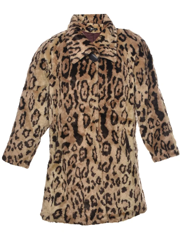 Leopard Print Faux Fur Coat - L Nylon Polyester Spandex