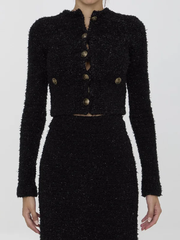 Cropped Cardigan In Tweed Handmade Hand-knitted Hand-woven