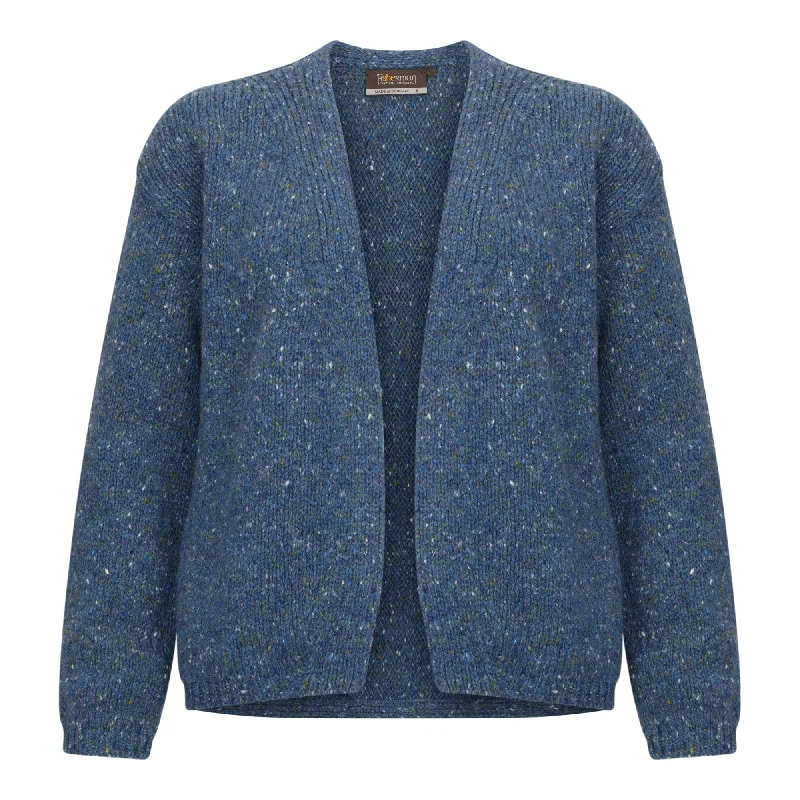 Denim Blue Open V Cardigan Solid Print Embellished