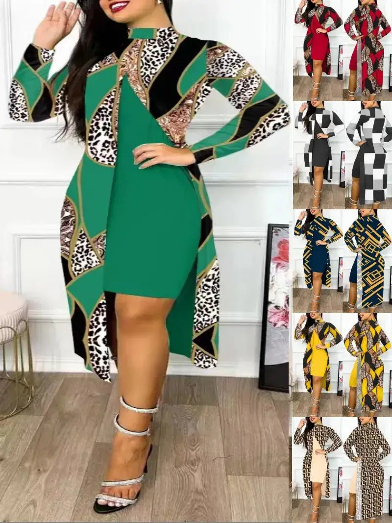 Print Dresses Sets Full Sleeve Half High Collar Split Cardigan Dress Suits Elegant A Line Office Lady-Two Piece Set Mesh Blend Leather Blend Suede Blend Print Dresses Sets Full Sleeve Half High Collar Split Cardigan Dress Suits Elegant A Line Office Lady-Two Piece Set Mesh Blend Leather Blend Suede Blend