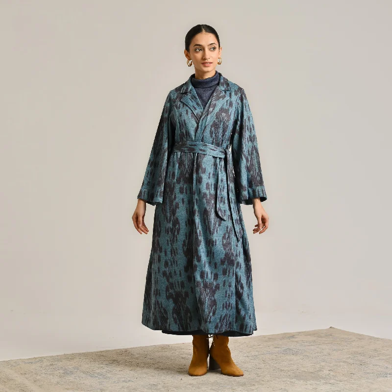 Blue Woollen Statement Trench Coat with Belt Detail Cardigan Sweater Pullover