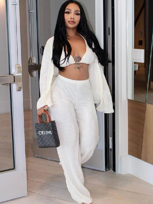 Three Piece Long Sleeve Cardigan & Wide Leg Pants Suit Machine Wash Dry Clean Hand Wash Three Piece Long Sleeve Cardigan & Wide Leg Pants Suit Machine Wash Dry Clean Hand Wash