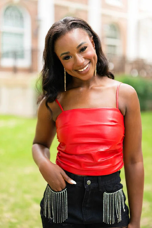 Jolee Vegan Leather Tank Top - Crimson off shoulder tank