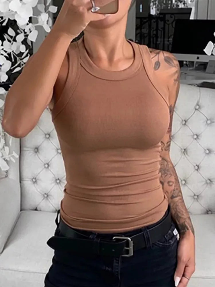 Women Solid Round Neck Ribbed Tank Top Camisole Women Summer Basic Elastic Tank Top O Neck Solid Tank Top silver tank top