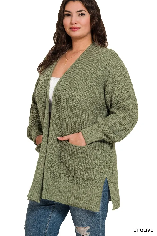 PLUS WAFFLE KNIT CARDIGAN WITH POCKETS Zippered Buttoned Snapped