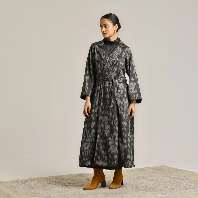 Black Woollen Statement Trench Coat with Belt Detail Stole Shawl Scarf