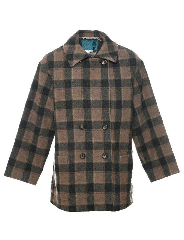 Checked Wool Coat - L Embroidered Appliqued Beaded