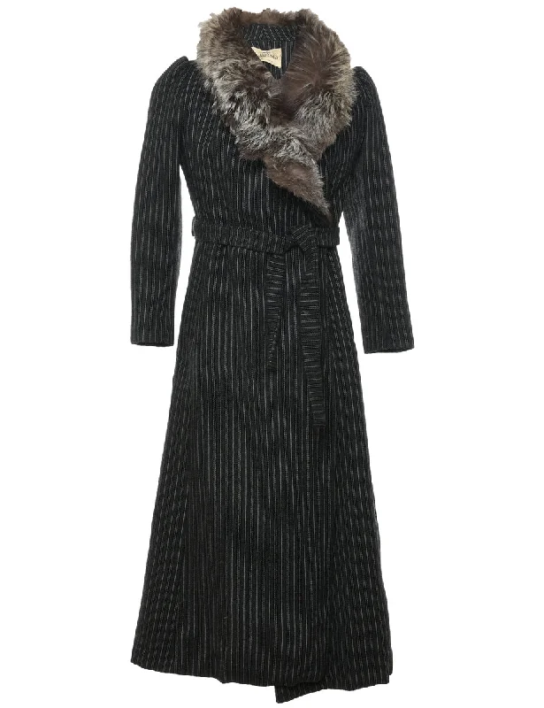 Striped Pattern Black & White 1990s Faux Fur Trim Coat - M Blouse Shirt Tunic