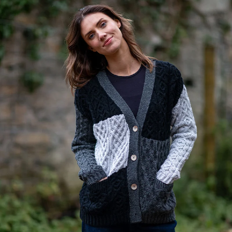 Grey Nuala Patchwork Aran Cardigan Terry Blend Velvet Blend Canvas Blend