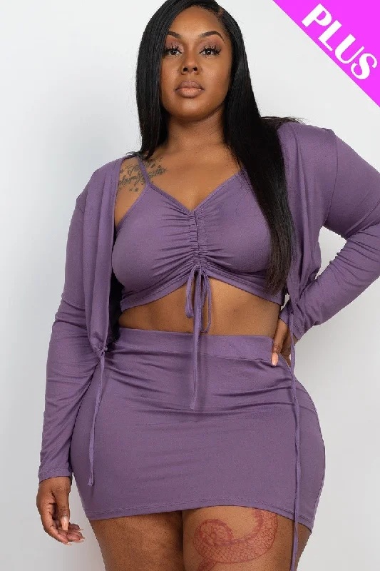 Plus Size Ruched Drawstring Cami Top & Skirt Set With Cardigan Stylish Fashionable Trendy Plus Size Ruched Drawstring Cami Top & Skirt Set With Cardigan Stylish Fashionable Trendy