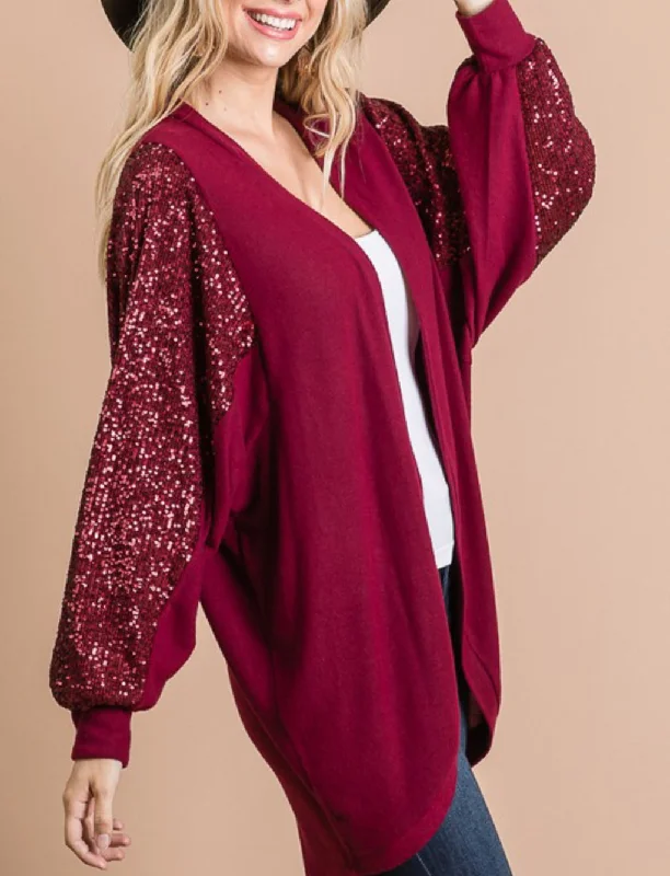 Fashion District LA 7th Ray Sequin Sleeve Hi-Lo Open Cardigans Rayon Fabric Velvet Fabric Corduroy Fabric