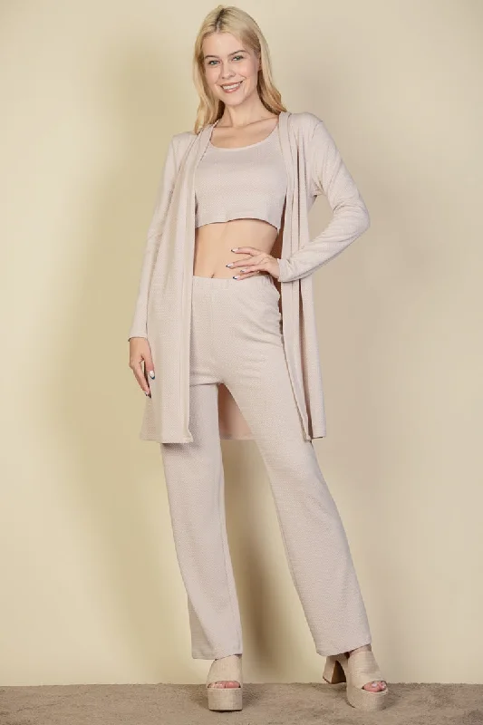 Coordinated Three-Piece Ensemble: Cardigan, Crop Tank, and Pants Set Cardigan Knitwear Sweater Coordinated Three-Piece Ensemble: Cardigan, Crop Tank, and Pants Set Cardigan Knitwear Sweater