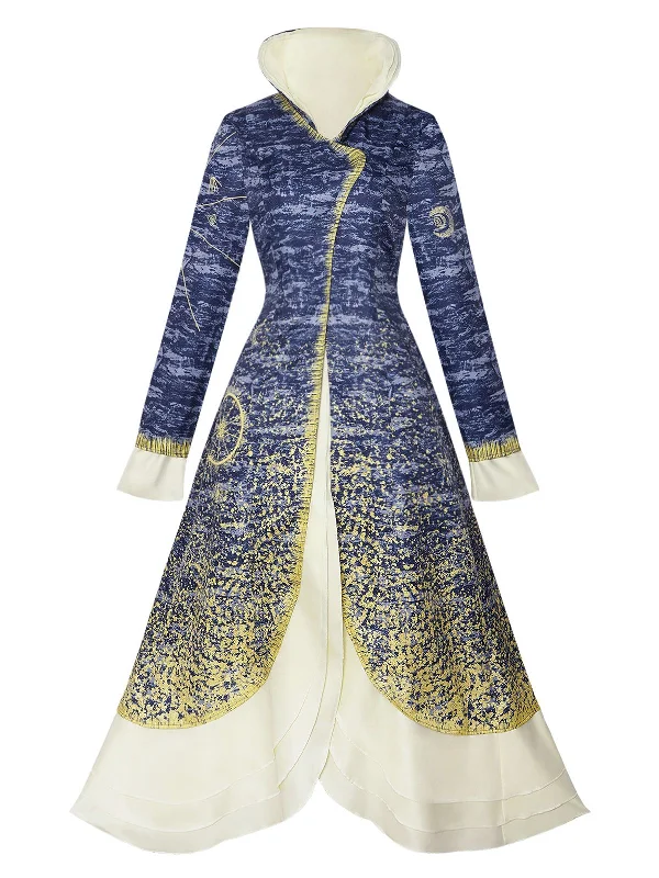 Blue 1930s Stand Collar Madame Morrible Stardust Coat Chenille Brocade Lace