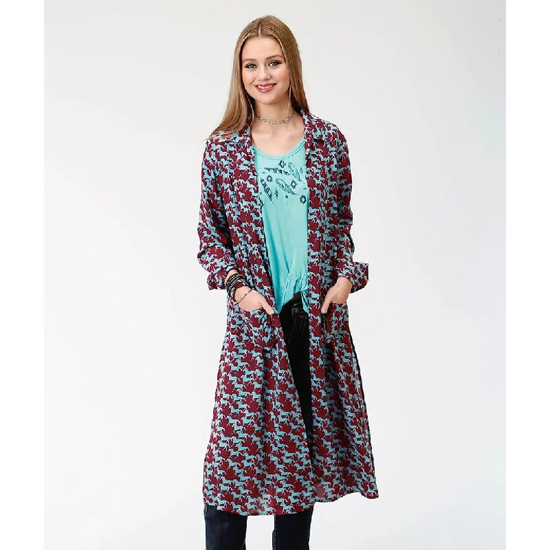 Roper Rayon Horse Pattern Red & Turquoise Womens Cardigan Real Fur Shearling Chenille