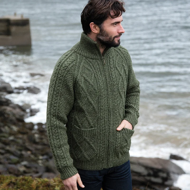 Green Unisex Hand Knit Aran Cardigan Wool Fabric Cashmere Fabric Tweed Fabric