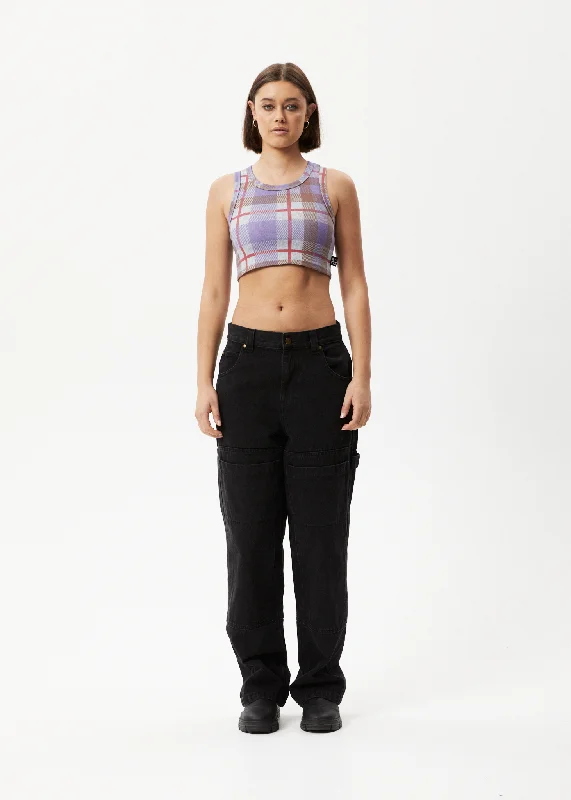 AFENDS Womens Colby - Check Ribbed Crop Tank - Plum striped tank top