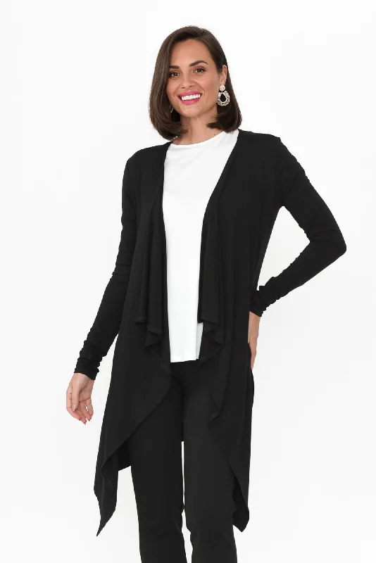 Black Bamboo Waterfall Cardigan Notch Collar Peter Pan Collar Cowl Neck