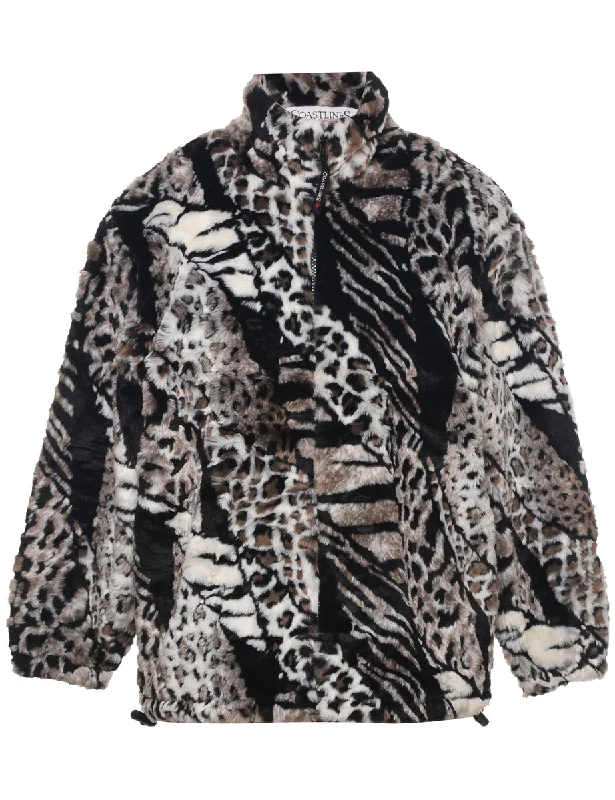 Animal Print Faux Fur Coat - L Shawl Collar Notch Collar Lapel Collar