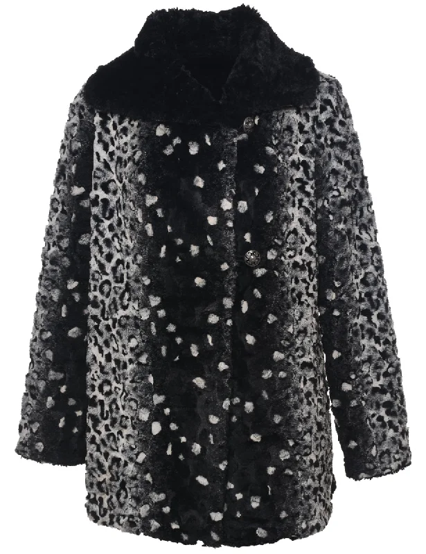 Animal Print Faux Fur Coat - L Peter Pan Collar Cowl Neck Turtleneck