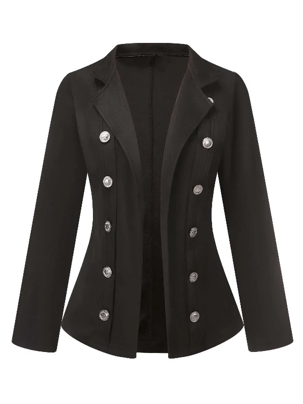 Black 1950s Silver Buttons Solid Coat Kimono Robe Cloak
