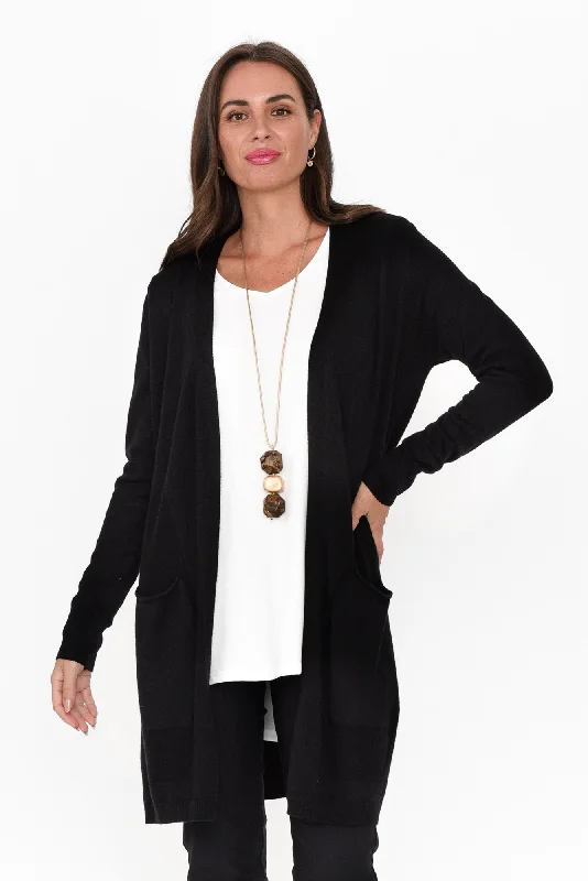 Mary Black Pocket Cardigan Zippered Front Buttoned Front Snap Front
