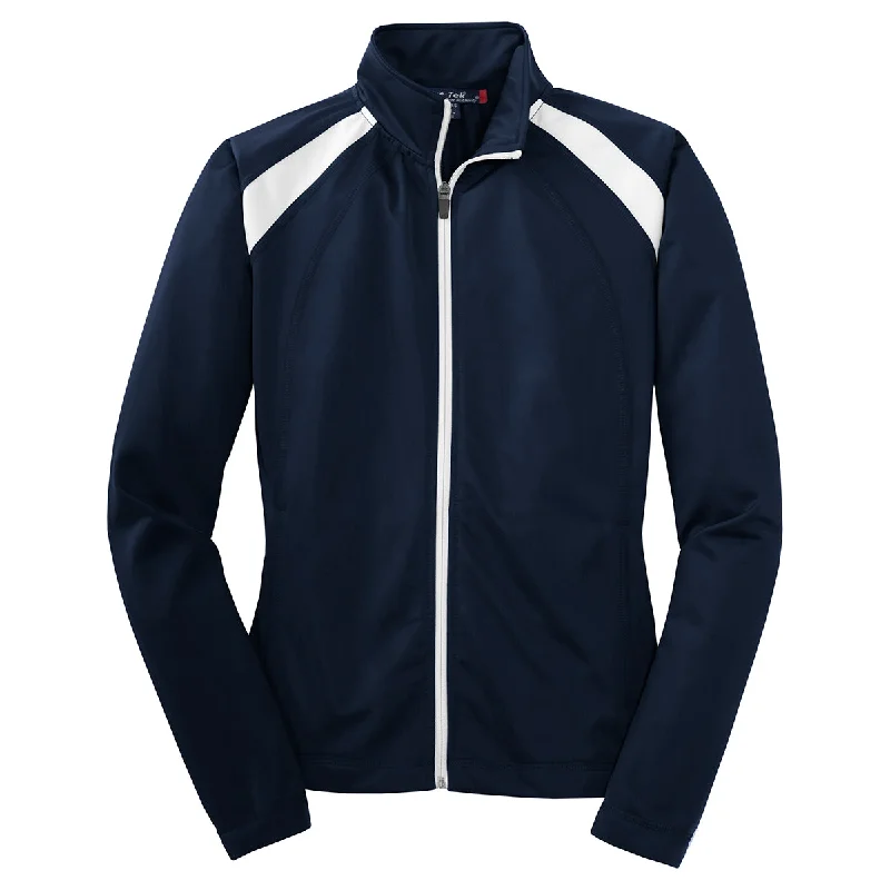Sport-Tek Women's True Navy/White Tricot Track Jacket Bomber Jacket Anorak Windbreaker