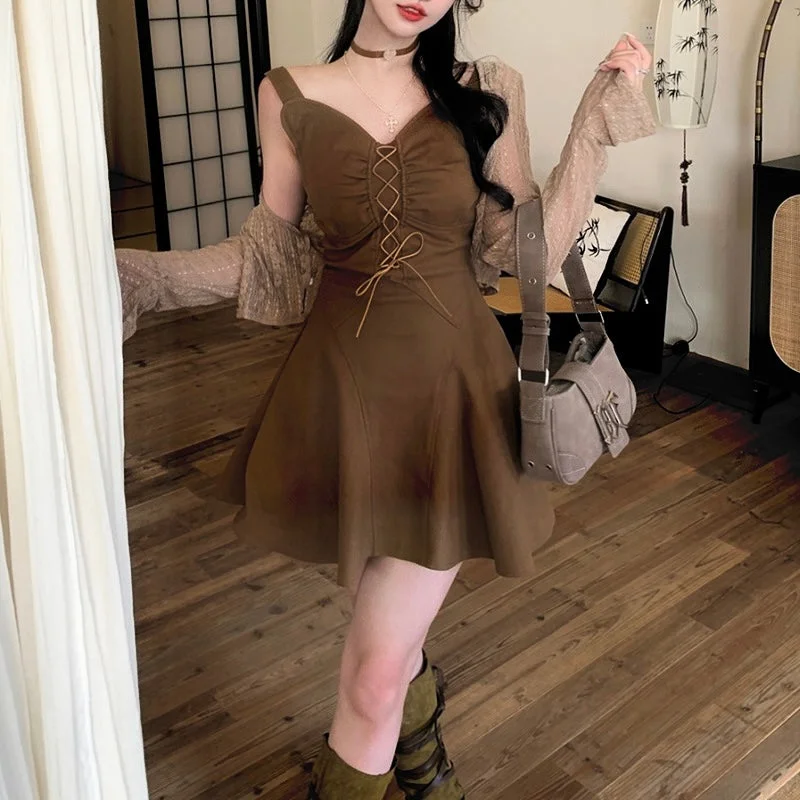 Chocolate Dress + Lace Cardigan Set (S ~ XL) Casual Formal Business