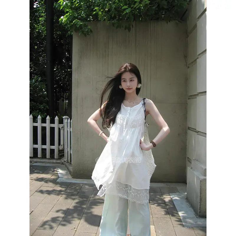 TAVIMART  -  New Fashion Set Women Sweet Lace Spliced Camisole Dress Summer Layup Sleeveless Tank Top Loose White Dress Set Two Piece Set white tank top