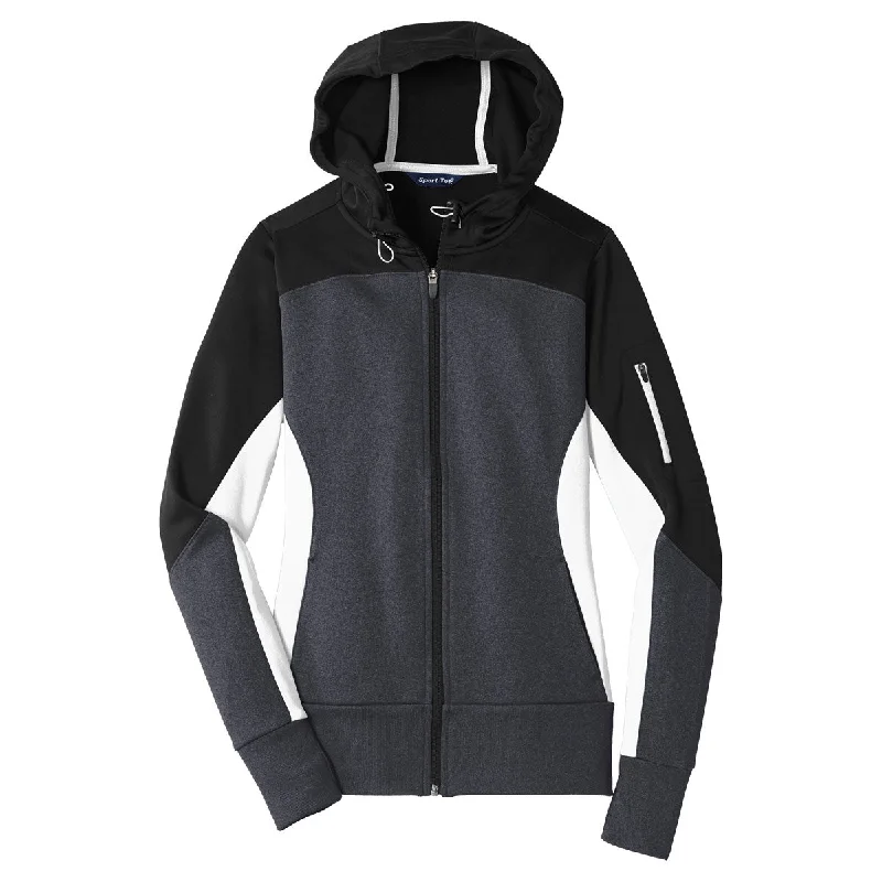 Sport-Tek Women's Black/Graphite Heather/White Tech Fleece Colorblock Full-Zip Hooded Jacket Fitted Jacket Loose Jacket Oversized Jacket Sport-Tek Women's Black/Graphite Heather/White Tech Fleece Colorblock Full-Zip Hooded Jacket Fitted Jacket Loose Jacket Oversized Jacket