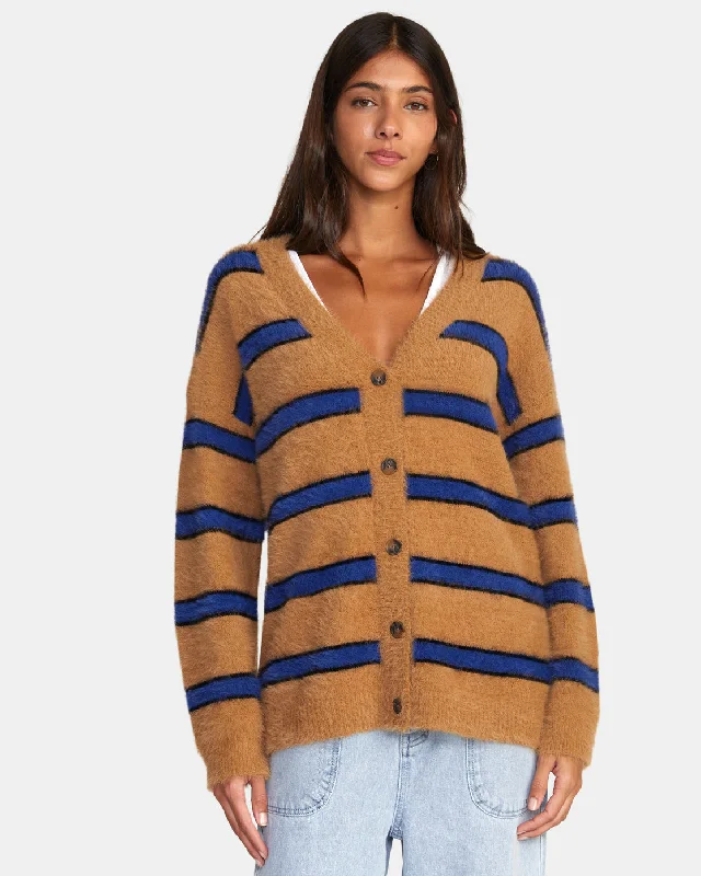 Here We Are Cardigan Sweater - Tobacco Solid Color Striped Floral Print
