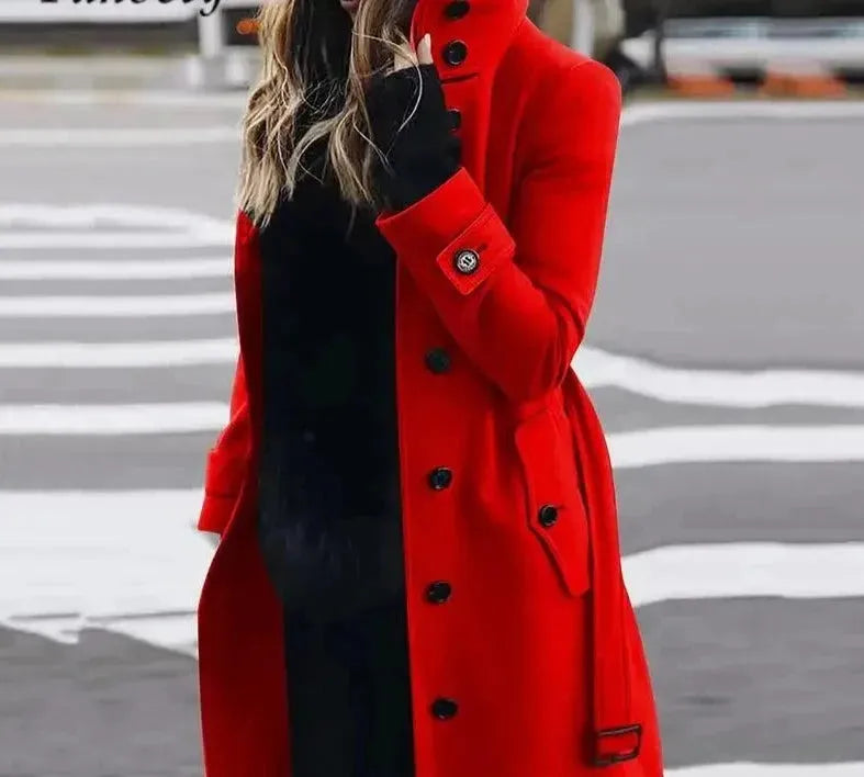 Red Women's Woolen Winter Coat Jersey Tulle Batik