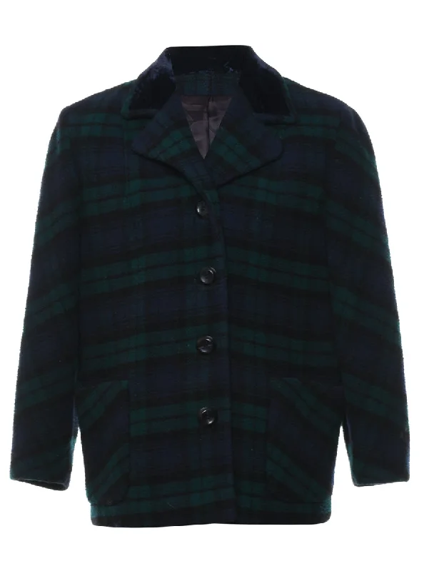 Checked Navy & Dark Green Coat - L Solid Print Jacquard