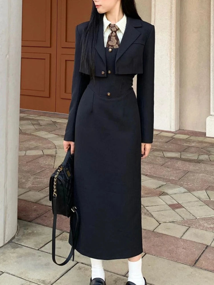 Getadme-British Style 3 Piece Dress Set Women Long Sleeve Sweet Coat + White Shirt + Long Slim Skirt Winter Elegant Casual Black Suit Fitted Loose Oversized Getadme-British Style 3 Piece Dress Set Women Long Sleeve Sweet Coat + White Shirt + Long Slim Skirt Winter Elegant Casual Black Suit Fitted Loose Oversized