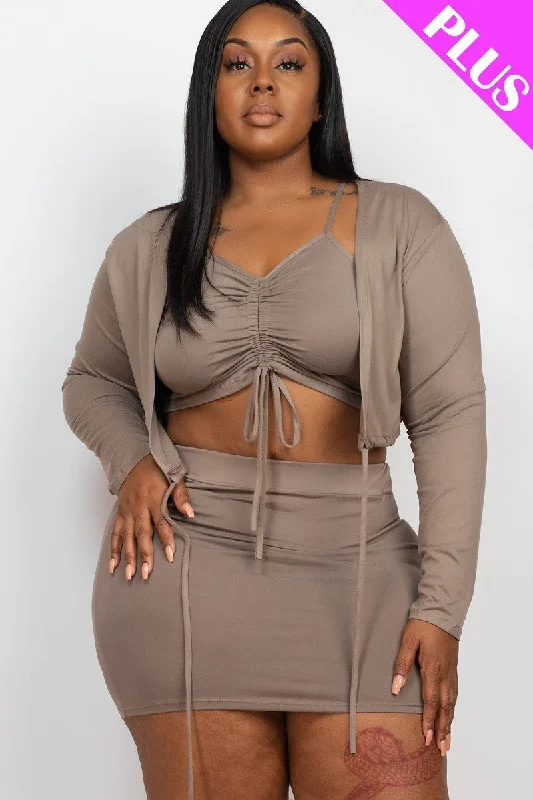 Plus Size Ruched Drawstring Cami Top & Skirt Set With Cardigan Soft Cozy Warm