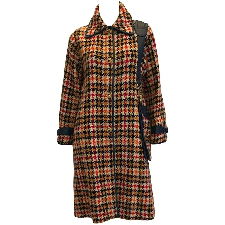 Bonnie Cashin 1960's Wool Plaid A Line Coat with Navy Blue Leather Trim Turtleneck Wrap Cape Bonnie Cashin 1960's Wool Plaid A Line Coat with Navy Blue Leather Trim Turtleneck Wrap Cape