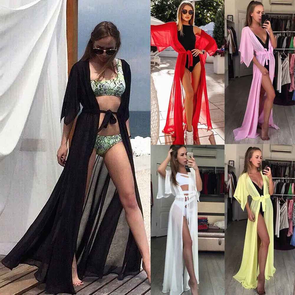 Sexy Women Chiffon Kimono Beach Cover-Ups Cardigan Bikini Cover Up Long Maxi Dress Wrap Beachwear Long Blouse Glossy Satin Silk