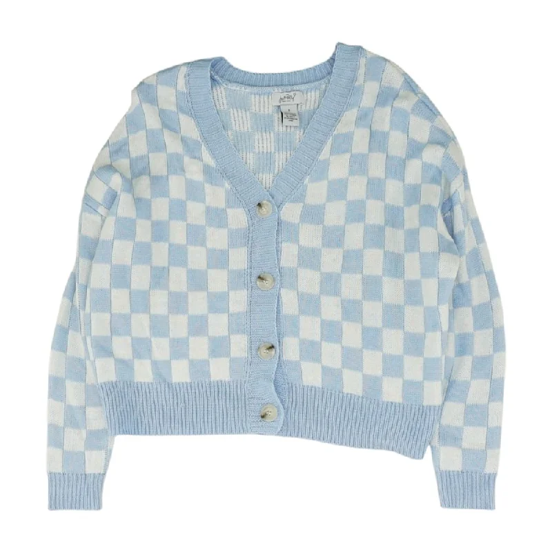 Blue Check Cardigan Sweater Denim Fabric Leather Fabric Suede Fabric