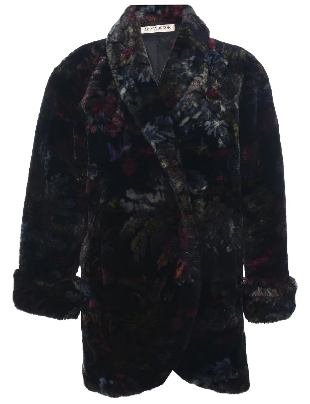 Floral Pattern Faux Fur Coat - L Down Puffer Quilted