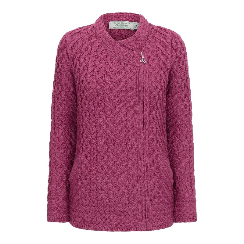 Magenta Heart Design Side Zip Aran Cardigan Embroidered Appliqued Beaded