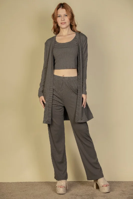 Flat Back Rib 3 Pieces Cami Top With Pants And Long Cardigan Set Fleece Fabric Down Fabric Feather Fabric Flat Back Rib 3 Pieces Cami Top With Pants And Long Cardigan Set Fleece Fabric Down Fabric Feather Fabric